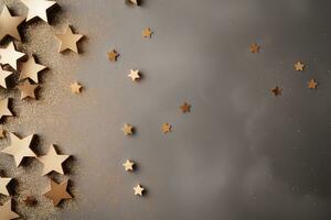 Natal plano deitar cenário quadro, Armação com espaço para Projeto luz fundo com brilhante dourado estrelas foto