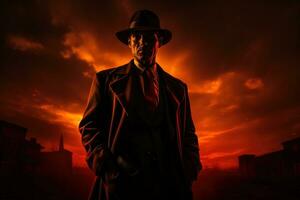 Sombrio e contraste retrato do uma difícil detetive dentro uma chapéu e casaco em uma vermelho nascer do sol contra a fundo do a cidade foto