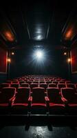 cinema assentos com Holofote e em branco tela foto