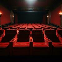 vermelho veludo cinema assentos com em branco tela foto