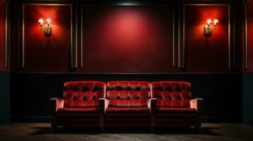vermelho veludo cinema assentos com em branco tela foto