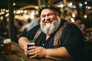 retrato do uma gordo sorridente cinzento barbudo homem segurando uma vidro do frio Cerveja enquanto sentado às uma Barra foto