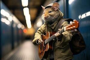 abstrato fantasia imagem do a antropomórfico rato guitarrista dentro uma verde Jaqueta e hera boné jogando música dentro a passagem subterrânea foto