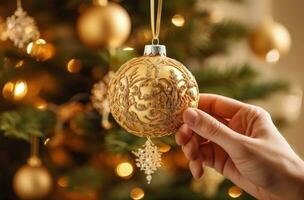 pessoa colocação dourado bola em Natal árvore, bokeh fundo, Natal feriado. generativo ai foto