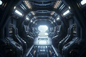 interior do uma tecnológica nave espacial, futurista e ficção conceito, digital ilustração. generativo ai foto