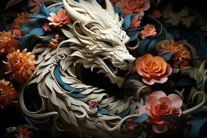 japonês Dragão, dentro a estilo do detalhado multicamadas composições, fechar-se, colorida brilhante fundo. ai generativo arte foto