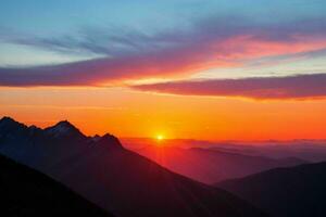 montanha silhuetas às pôr do sol. ai generativo pró foto