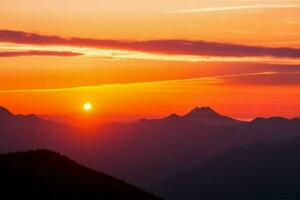 montanha silhuetas às pôr do sol. ai generativo pró foto