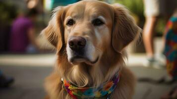 fechar acima lindo Loiras dourado retriever cachorro sentar, olhando e encarando às alguma coisa com cidade parque ou lotado fundo. ai gerado foto