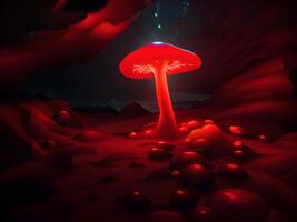 uma cogumelo dentro uma Sombrio floresta foto