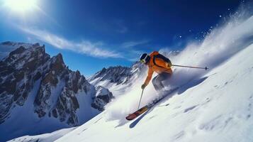 esquiar. gracioso desliza baixa coberto de neve montanhas foto