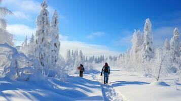 caminhada na neve. pacífico anda em através coberto de neve paisagens foto