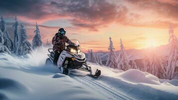 moto de neve. aventureiro passeios através Nevado terreno foto