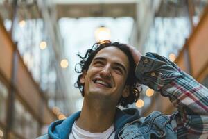 retrato do sorridente jovem homem dentro compras Centro foto