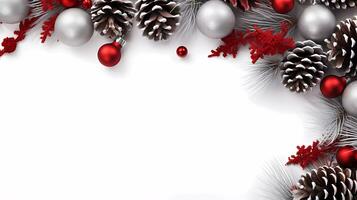 Natal vermelho presente caixa com prata fita, com Natal enfeites dentro branco e prata perfeito para cumprimento cartão e bandeira fundo. feliz alegre Natal cumprimento cartão foto