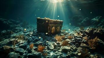 lindo aberto esvaziar velho de madeira Tesouro peito submerso embaixo da agua mundo com âncora, ânfora e luz raios, fechar acima generativo ai foto