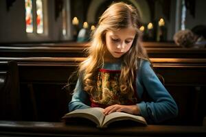 pequeno menina lendo piedosos Bíblia livro. adoração às igreja. foto