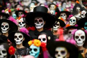 dia do a morto. pessoas dentro morte máscaras durante mexicano feriado dia de los muertos foto