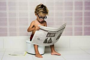 criança lendo jornal e banheiro em Panela. foto