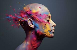 humano cabeça ornamentado com colorida pintura salpicos. ai, pensamento, mente, conhecimento, cérebro poder conceito. foto