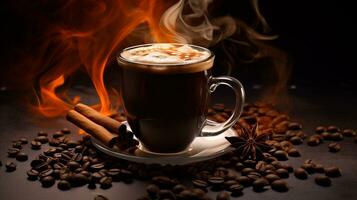 uma copo do quente café com café feijão ai generativo foto