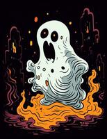 dia das Bruxas fantasma com abóboras. fofa desenho animado crianças ilustração do uma fantasma com abóboras. ai gerado foto