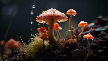 macro foto do lindo cogumelo dentro chuvoso floresta ai generativo