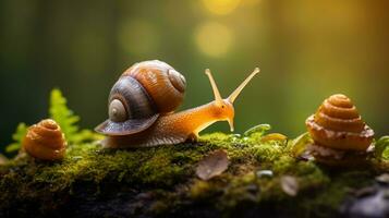 macro foto do Caracol em musgoso madeira dentro chuvoso floresta ai generativo