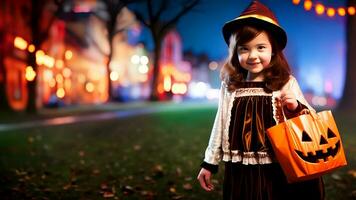 uma pequeno menina vestindo uma dia das Bruxas traje segurando abóbora bolsa. generativo ai. foto