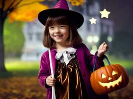uma pequeno menina vestindo uma dia das Bruxas traje segurando abóbora doce balde. generativo ai. foto
