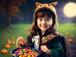 uma pequeno menina vestindo uma dia das Bruxas traje segurando doce balde. generativo ai. foto