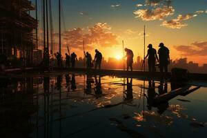 silhueta do engenheiro e trabalhador equipe em construção site, generativo ai foto