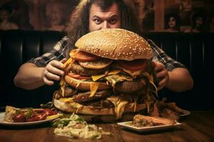 homem comendo enorme hamburguer mesa. gerar ai foto