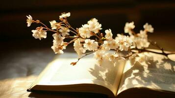 uma cereja Flor árvore em a livro ai generativo foto
