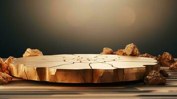 3d rendido de madeira e dourado luxo esvaziar etapa para produtos pódio e pedra parede fundo ai generativo foto