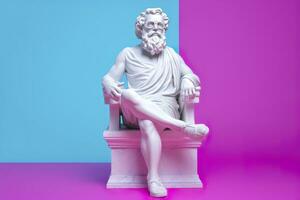 uma branco estátua do Platão dentro uma legal pose, vestindo magenta e ciano 3d copos, pronto para Festa. ai generativo foto