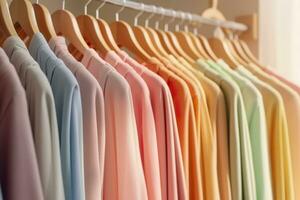 colorida roupas em uma roupas prateleira, pastel colorida armário de roupa dentro uma compras loja ou quarto, arco Iris cor roupas escolha em cabides, casa guarda roupa conceito imagem. ai generativo foto