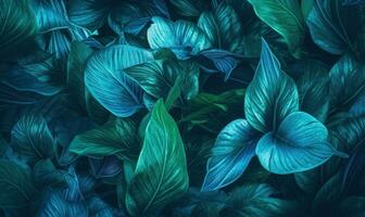 tropical folhas papel de parede. azul plantas fundo. para cartão postal, livro ilustração. criada com generativo ai Ferramentas foto