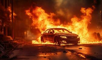 queimando carro emitindo Grosso fumaça em uma rua. criada com ai foto