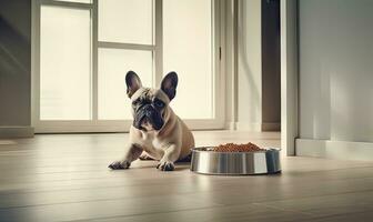 conteúdo francês buldogue ao lado uma Comida tigela. criada com ai foto