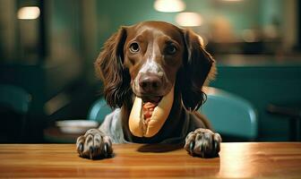 cachorro sobre para saciar dentro uma quente cachorro tratar. criada com ai foto