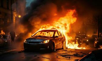 queimando carro emitindo Grosso fumaça em uma rua. ai generativo. foto