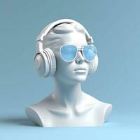 mínimo cena do oculos de sol e fones de ouvido em humano cabeça escultura, música conceito, 3d Renderização. ai generativo foto