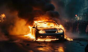 queimando carro emitindo Grosso fumaça em uma rua. criada com ai foto