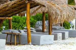 palapa colmo telhados Palmeiras guarda-sóis Sol espreguiçadeiras de praia recorrer México. foto