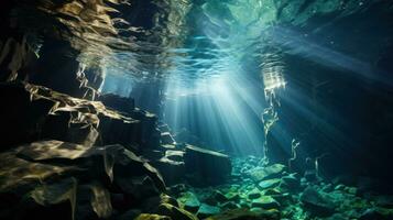 dramático embaixo da agua caverna com feixes do luz solar brilhando foto