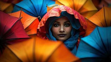 colorida guarda-chuvas e fantasias preencher a ruas às Mumbai carnaval dentro Índia foto