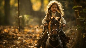 uma menina equitação uma cavalinho de pau através uma floresta foto