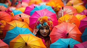 colorida guarda-chuvas e fantasias preencher a ruas às Mumbai carnaval dentro Índia foto