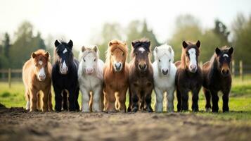 uma grupo do cavalos de pau forrado acima em uma campo foto